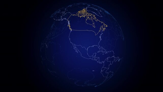 Outline of Canada highlighted in yellow on a futuristic digital globe with the other countries outlines in blue. Globe turning in a seamless loop. Gradient blue background.