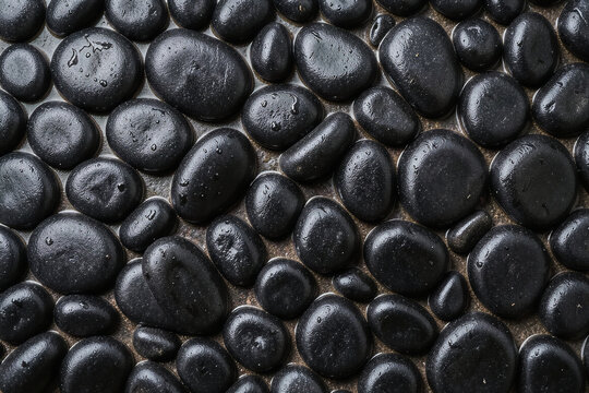 Polished Black River Pebble Zen Mosaic Macro Flat Lay Texture Surface