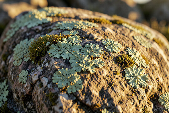 Ancient Weathered Granite Stone With Pale Green Lichen Texture