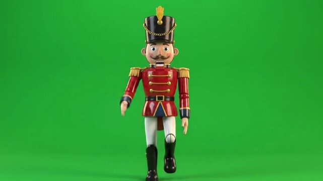 3D animated wooden nutcracker in military uniform against green screen background.