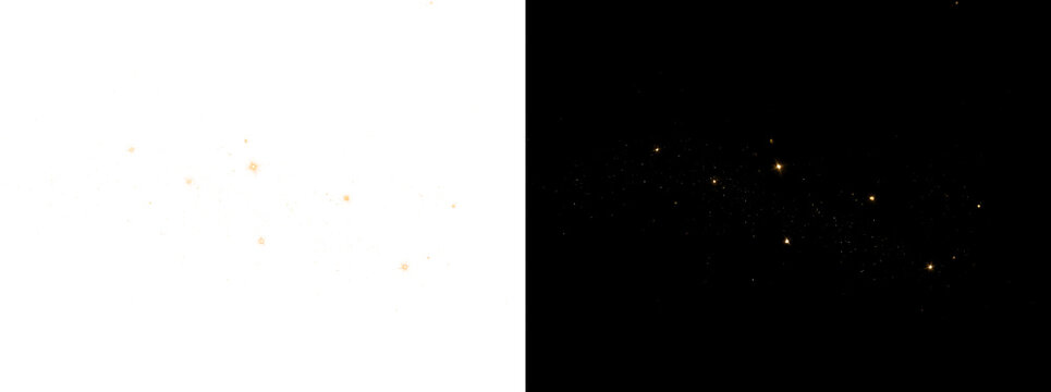 Golden dust particles, shimmering gold glitter bokeh overlay, luxury sparkling light effect for design