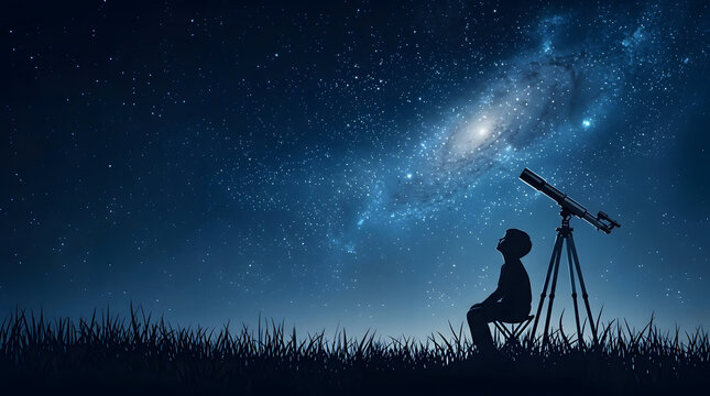 A kid with telescope observing galaxy space at night sky