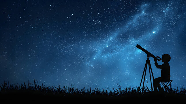 A kid with telescope observing galaxy space at night sky