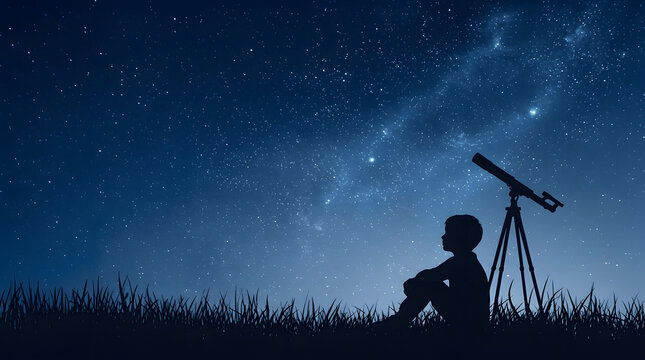 A kid with telescope observing galaxy space at night sky