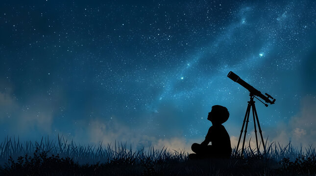 A kid with telescope observing galaxy space at night sky