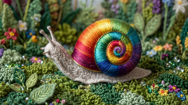 Detailed handmade textile art featuring a cute snail with a vibrant rainbow thread spiral shell resting on a textured green embroidered garden meadow with tiny colorful flowers