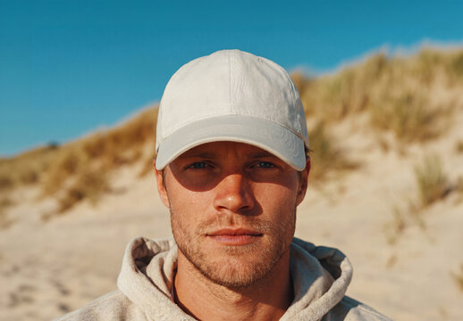 Man at the beach wearing a blank cap Mockup. Generative ai