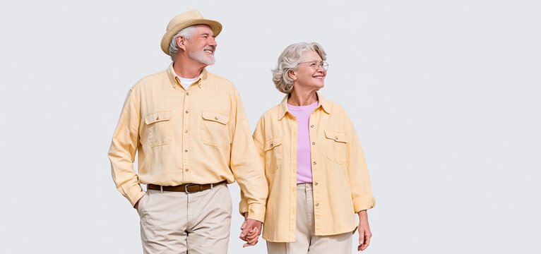 Against a simple outdoor backdrop, a senior couple strolls in warm natural light, evoking appreciation for older adults and awareness of senior care.