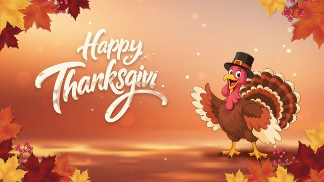 Animated Thanksgiving greeting with handwritten text, cheerful turkey, drifting autumn leaves and sparkling bokeh against a warm orange sunset background, perfect for festive holiday celebrations.