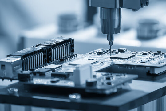 Close-up of a test needle probe checking an electronic PCB board for quality control in a blue tone scene