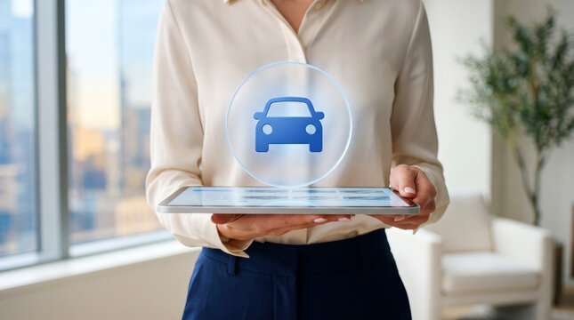 Ride sharing car sign in a clear glowing circle for taxi booking, carpool trips and car sharing services that let commuters order a vehicle in a few taps and travel around town