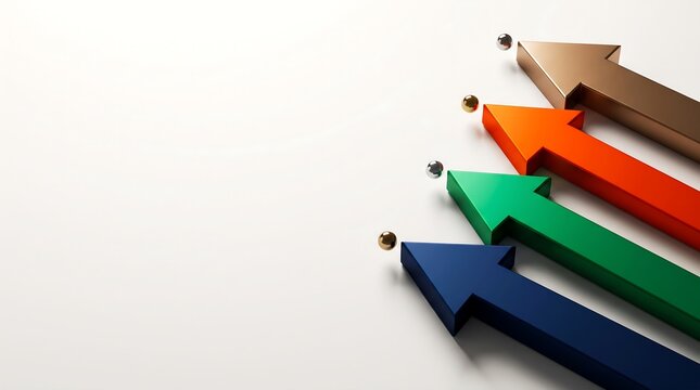 3D render of four colorful arrows pointing upwards and forwards on white background with copy space
