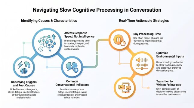 Navigating Slow Cognitive Processing in Conversation Infographic: Causes, Brain Mechanisms, and Communication Strategies Vector Illustration