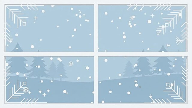 Winter landscape view through a frosty window with snowy pine forest and falling snow vector illustration