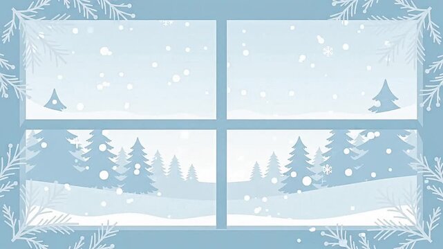 Winter landscape view through a frosty window with snowy pine forest and falling snow vector illustration