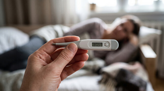 medical concept of checking body temperature with sick person resting in bed