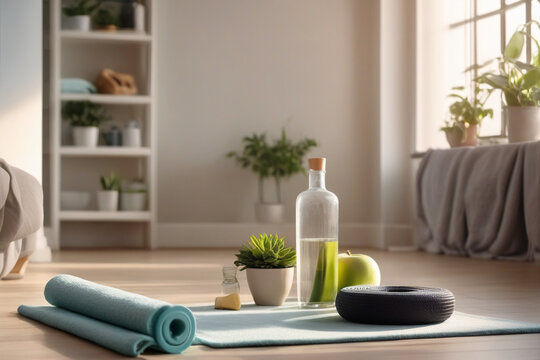 yoga mat with water bottle and towel