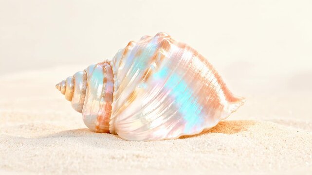 Beautiful iridescent seashell rotating slowly on fine white sand under soft sunlight