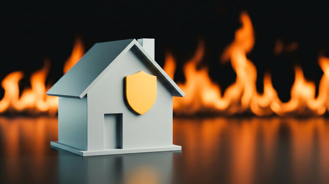 Small white model house with yellow shield icon positioned in front of blazing orange fire flames against dark background symbolizing home insurance protection.