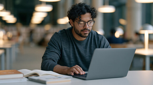 A university student checking final exam results on a laptop in a campus library, fingers resting near the keyboard, notebooks and textbooks nearby, tense anticipation, realistic