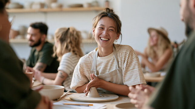A woman building a social circle after emigrating by attending a local pottery workshop, seated at a shared table with new acquaintances shaping clay, shelves of handmade ceramics
