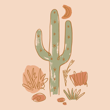 Wild boho abstract cactus. Desert Arizona moonchild minimalist vintage brush clipart. Mexico culture. Harmony and zen. Night scene magic concept. Vector illustration poster.