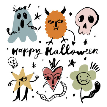 Playful Halloween doodles, collection shows blue ghost shouting boo orange furry horned monster pink skull yellow star figure pink heart face with snake green fanged flower scattered stars dots 