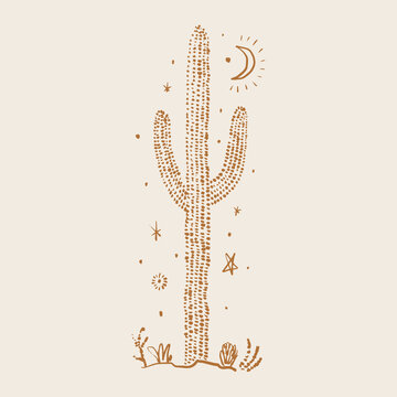 Wild boho abstract cactus. Desert Arizona moonchild minimalist vintage brush clipart. Mexico culture. Harmony and zen. Night scene magic concept. Vector illustration poster.