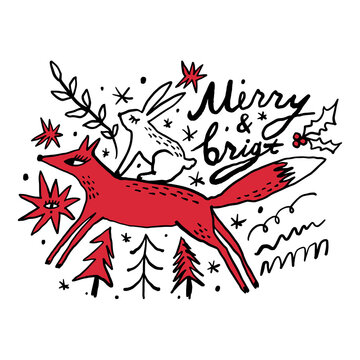 Scandinavian winter scene, illustrates red fox carrying white rabbit amid pine trees holly berries stars with Merry bright lettering on clean white background in whimsical doodle sketch style
