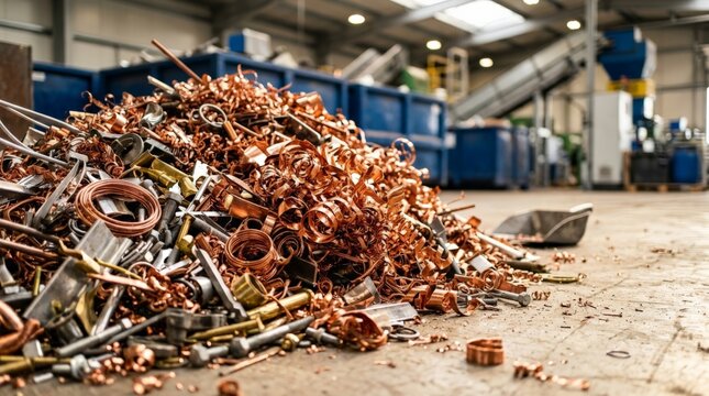 A massive pile of copper wire scrap, shavings, and metal parts sits on the concrete floor inside a busy recycling plant filled with blue storage containers, underscoring the metal scrap