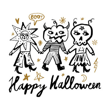 Whimsical hand-drawn Halloween trio features star-headed figure pumpkin-horned character skull-faced companion holding hands under speech bubble saying Boo, amid scattered stars moon