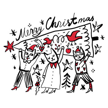 Festive Christmas Scandinavian doodles, depicts three joyful cats in holiday outfits holding banner with Merry Christmas lettering red birds flying stars holly berries pine trees scattered accents 
