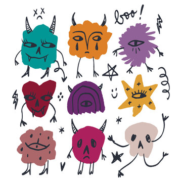 Colorful Halloween monster collection, features teal horned creature orange furry face purple one-eyed blob red heart-shaped demon violet rainbow cyclops yellow starred eye pinkish skull brown lumpy