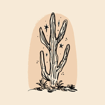 Wild boho abstract cactus. Desert Arizona moonchild minimalist vintage brush clipart. Mexico culture. Harmony and zen. Night scene magic concept. Vector illustration poster.