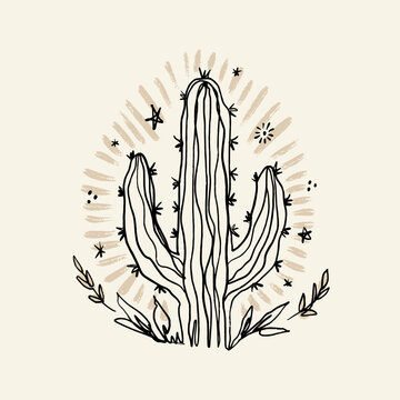 Wild boho abstract cactus. Desert Arizona moonchild minimalist vintage brush clipart. Mexico culture. Harmony and zen. Night scene magic concept. Vector illustration poster.