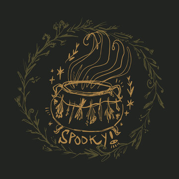 Hand-drawn golden cauldron emitting swirling steam, framed by leafy botanical wreath with scattered stars and bold spooky lettering below on dark green background.