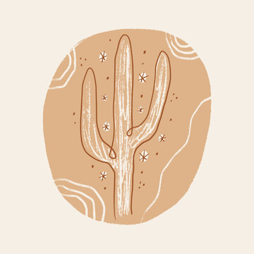 Circular desert scene featuring tall three-armed saguaro cactus with textured white strokes, scattered asterisk stars dots and abstract wavy white lines on warm peach oval against soft cream backdrop