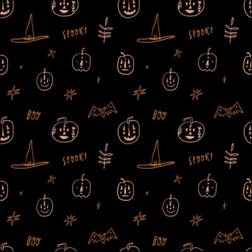 Seamless Halloween Pattern with Doodle Scandinavian Style Cute Spooky Pumpkins, Witch Hats, Bats and Stars on Black Background