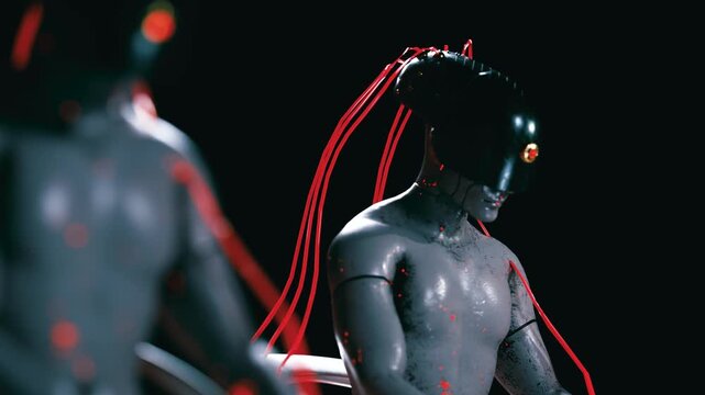 Futuristic humanoid android sitting motionless in a dark laboratory, connected to glowing red cables while processing data. 3d animation