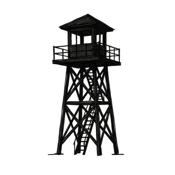 Black ink illustration of observation tower or watchtower with stairs and wooden guard post