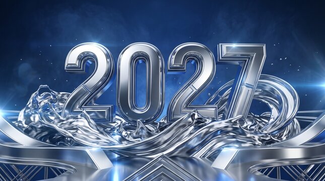 Chrome silver 2027 New Year design with 3D metallic numbers, liquid metal splash and glowing blue background for modern celebration banner