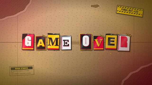 Blackmail animation ransom note style game over text on cardboard