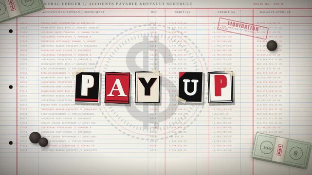 Blackmail animation showing pay up ransom note on financial ledger