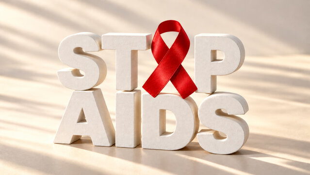 White three dimensional Stop AIDS lettering with a red ribbon replacing the letter O on a sunlit cream surface, a public health awareness concept.