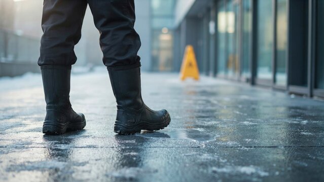 Worker Boots on a Wet Icy Walkway Near a Caution Sign for Winter Slip Prevention and Workplace Safety