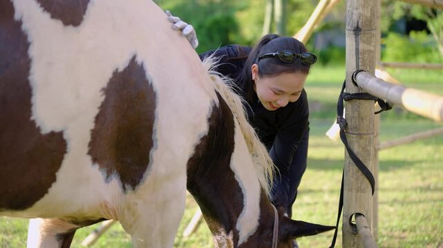Happy young asian woman petting and stroking horse at outdoor ranch on sunny day