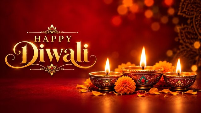 Vibrant red diwali celebration banner showcasing decorated lit oil lamps and marigold flower petals with elegant golden greeting typography