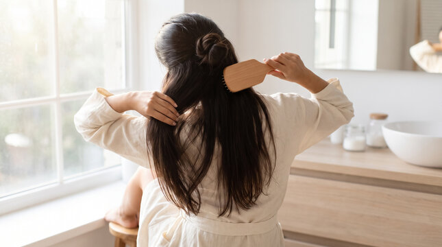 Young woman brushing long dark hair with wooden brush in bright bathroom. Concept of hair care, hairbrush, beauty routine, self care, brunette, morning routine.