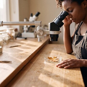 Focused female botanist examining a dried autumn leaf in a petri dish using a modern stereo microscope at a wooden laboratory workbench in warm sunlight