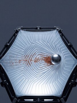 Gravity concept with a heavy metal sphere warping a flexible silicone grid membrane inside a hexagonal frame, attracting small copper beads